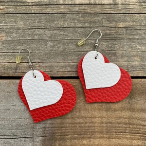Heart Earrings Red White Lightweight Faux Leather Dangle Heart Earrings